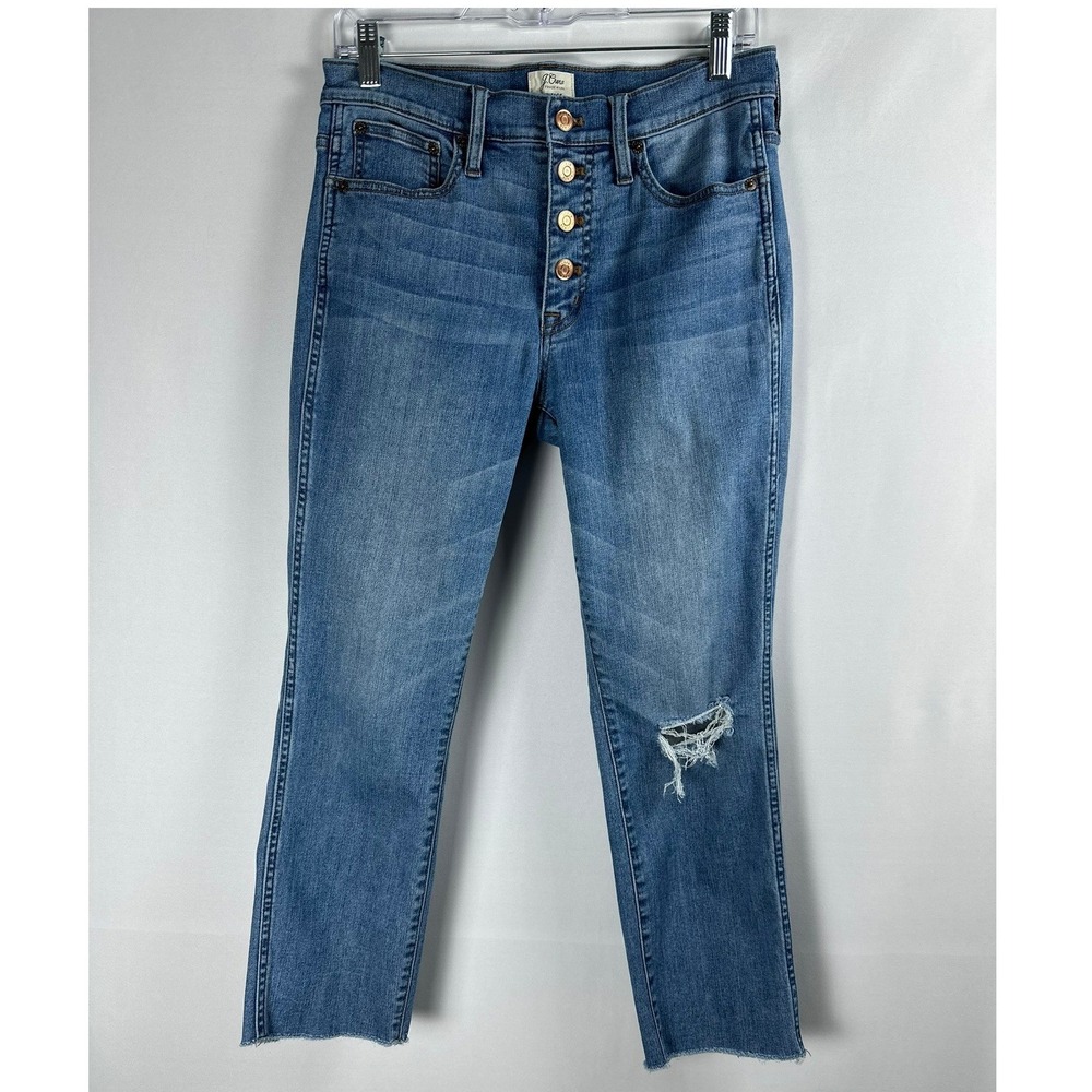 J.Crew‎ Vintage Straight Jeans Women 28P Blue Distressed Button Fly Raw Hem